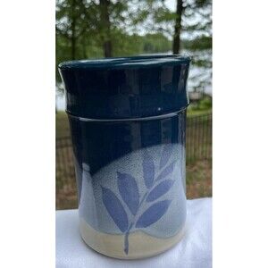 Pottery Vase Utensils Leaf Motif in Blues 6.5" Tall Clay Floral Signed TR?